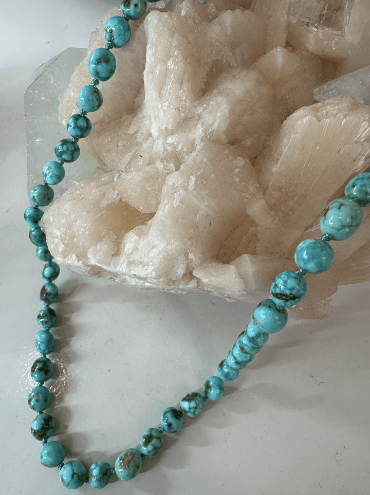 10k Gold x 5mm Natural Sonoran Turquoise Knotted Strand Necklace - Kingdom Jewelry