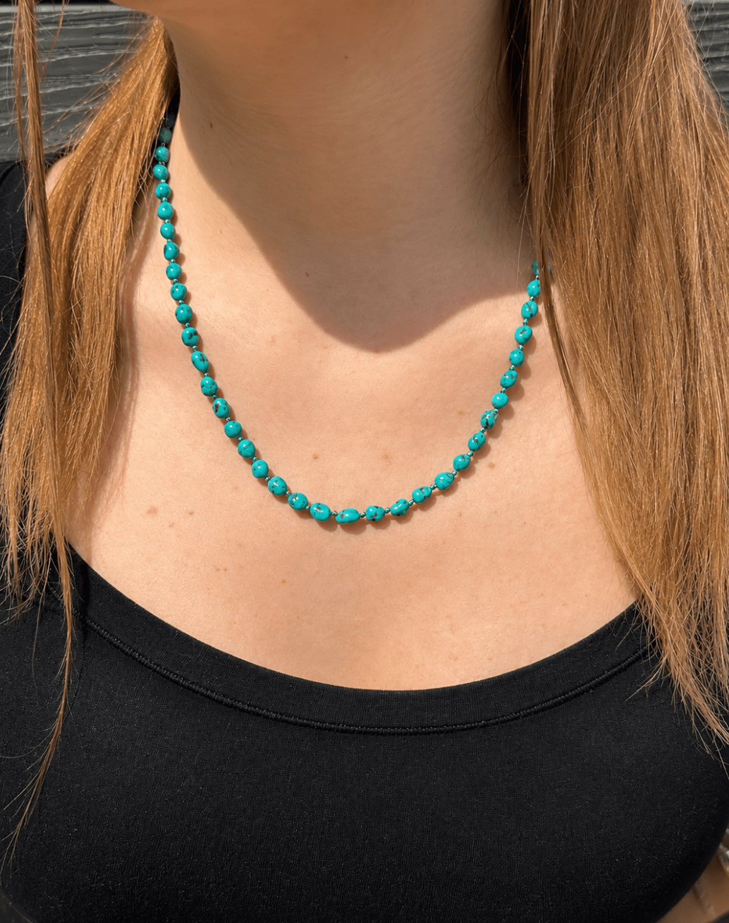 10k Gold x 5mm Natural Sonoran Turquoise Knotted Strand Necklace - Kingdom Jewelry