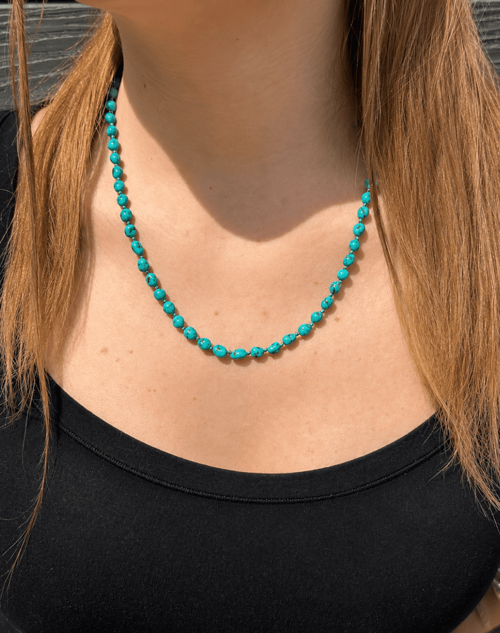 10k Gold x 5mm Natural Sonoran Turquoise Knotted Strand Necklace - Kingdom Jewelry