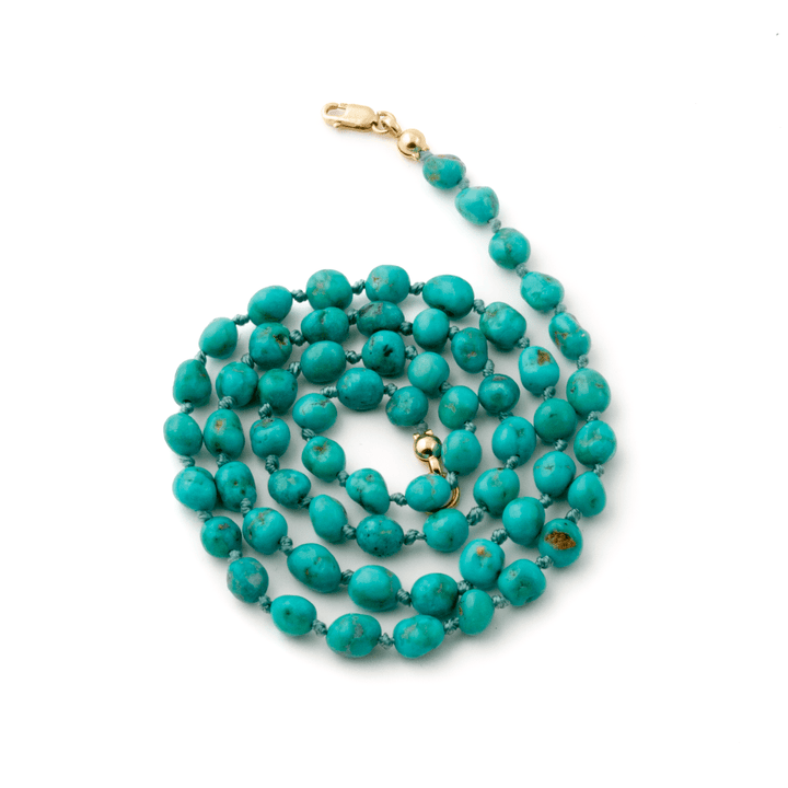 10k Gold x 5mm Natural Sonoran Turquoise Knotted Strand Necklace - Kingdom Jewelry