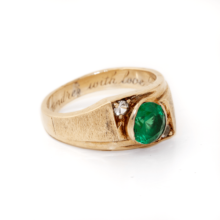 10k Gold x Vintage Synthetic Emerald & Diamond Gypsy Ring - Kingdom Jewelry