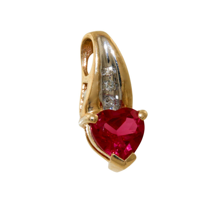 10k Two - Tone x Vintage Synthetic Heart - Shaped Ruby & Melee Diamond Pendant - Kingdom Jewelry