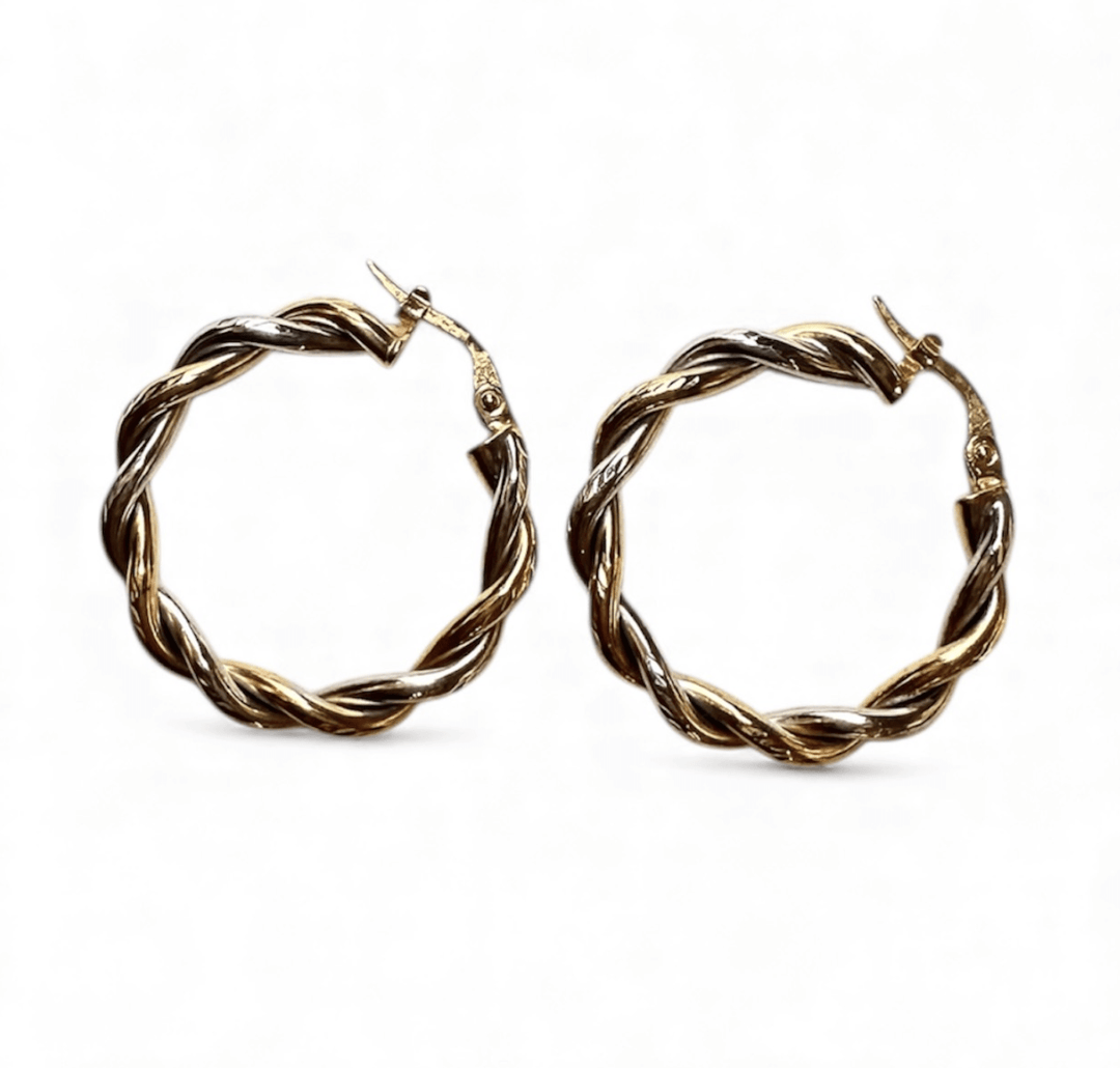 10k White and Yellow Gold Texured Twist Hoop Earrings - Kingdom Jewelry