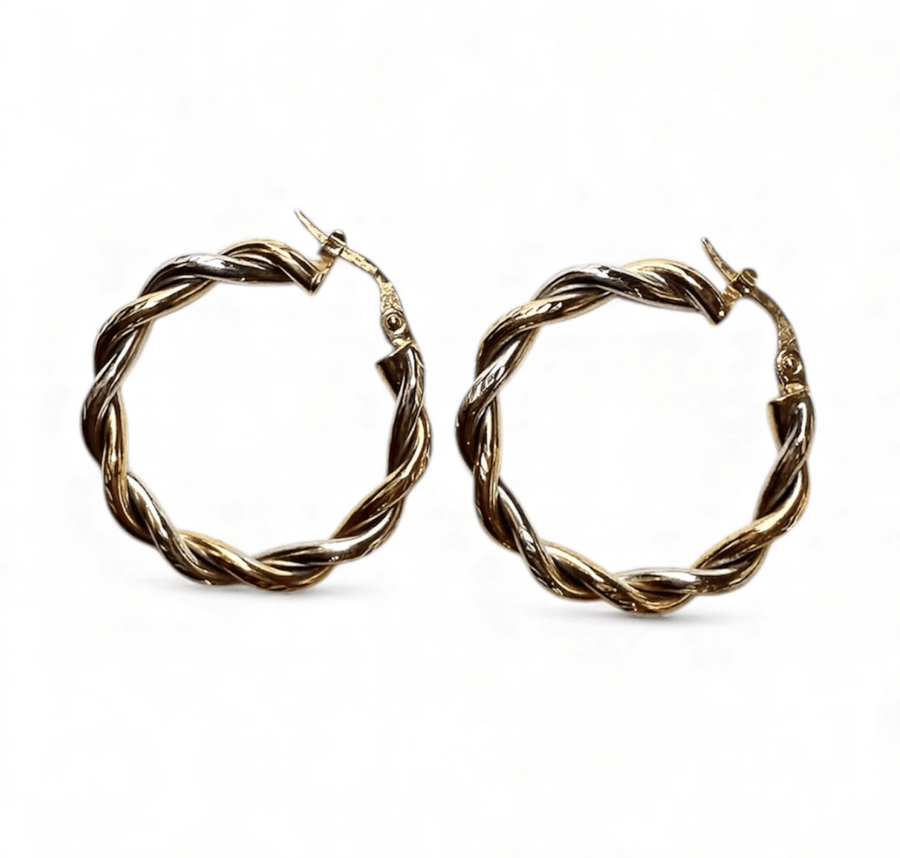 10k White and Yellow Gold Texured Twist Hoop Earrings - Kingdom Jewelry