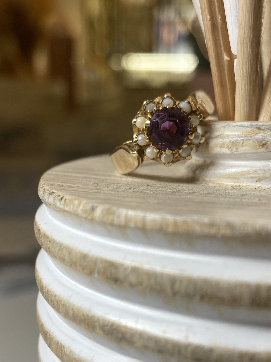 10k Yellow Gold Vintage Amethyst Ring w/ Opal Halo - Kingdom Jewelry