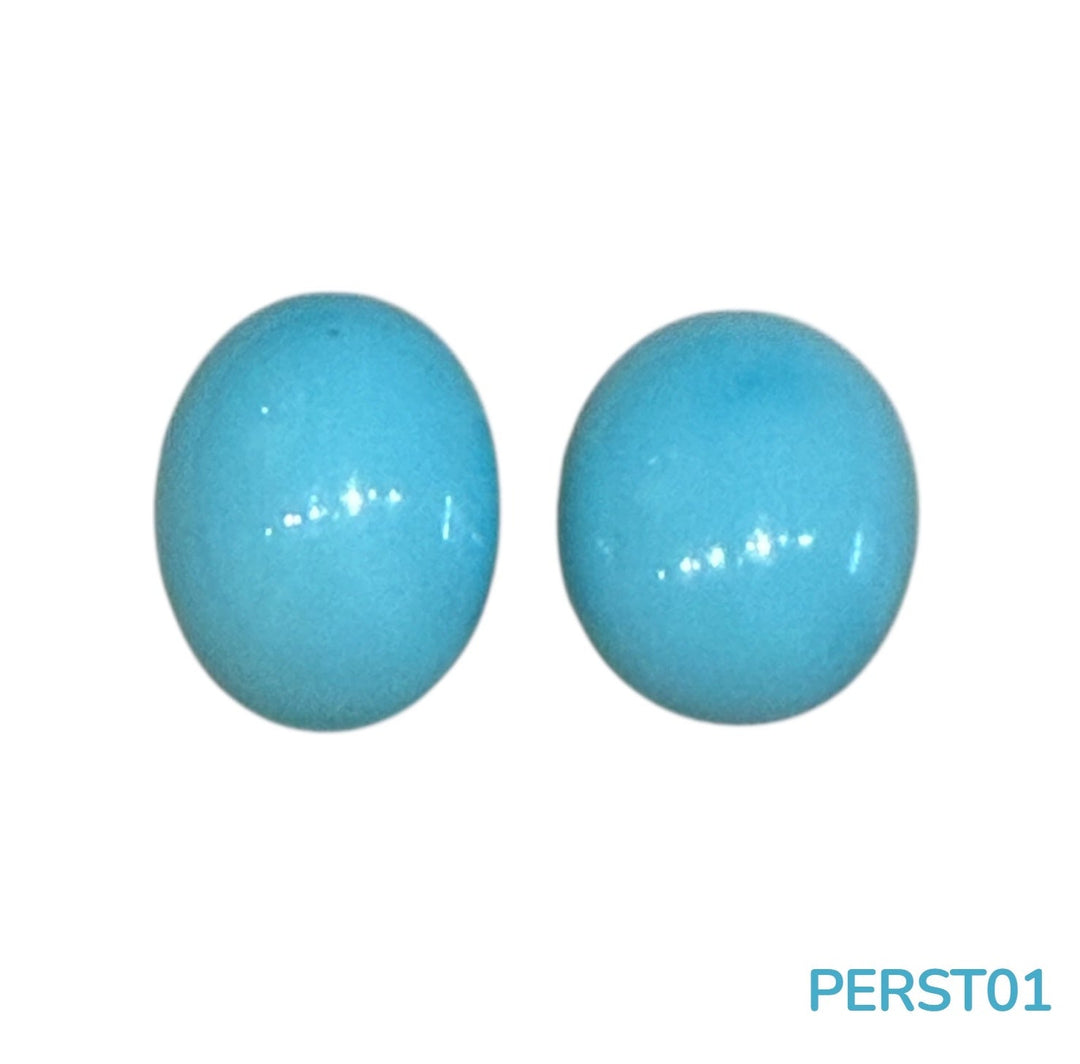 14.05ctw Natural Oval Persian Turquoise Cabochon Pair - Kingdom Jewelry