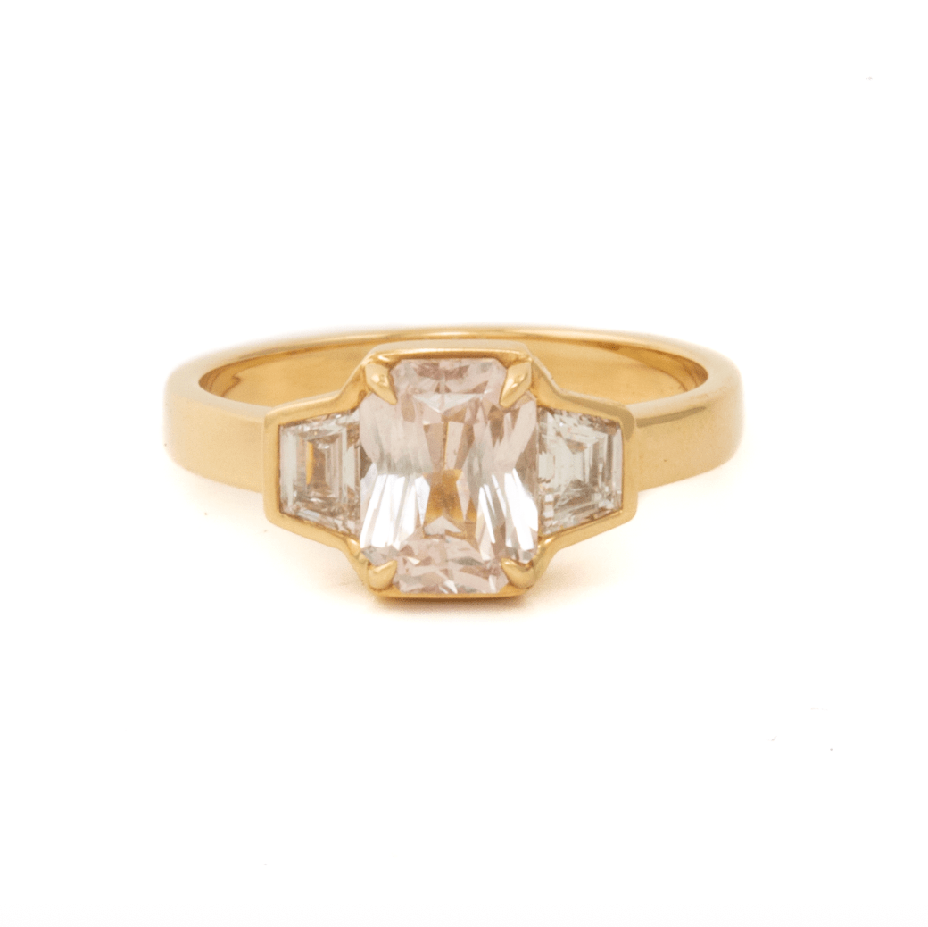 14K 1.70 Unheated Radiant Peach Sapphire + Side Trap Diamonds Ring - Kingdom Jewelry