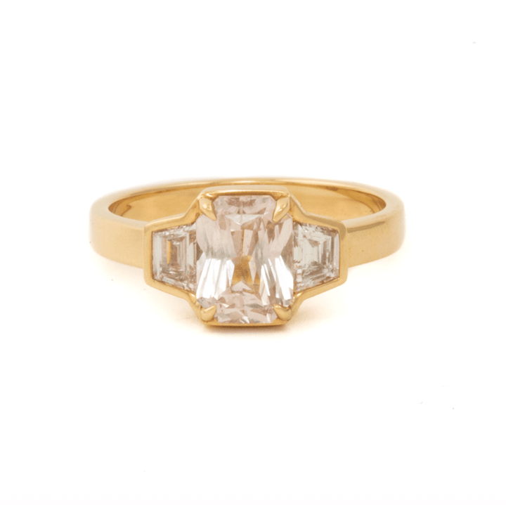 14K 1.70 Unheated Radiant Peach Sapphire + Side Trap Diamonds Ring - Kingdom Jewelry