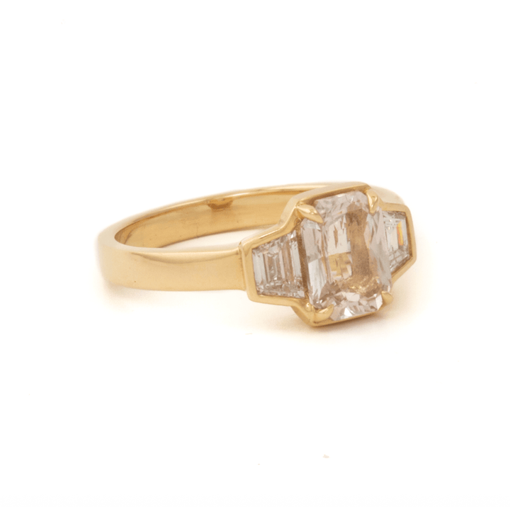 14K 1.70 Unheated Radiant Peach Sapphire + Side Trap Diamonds Ring - Kingdom Jewelry