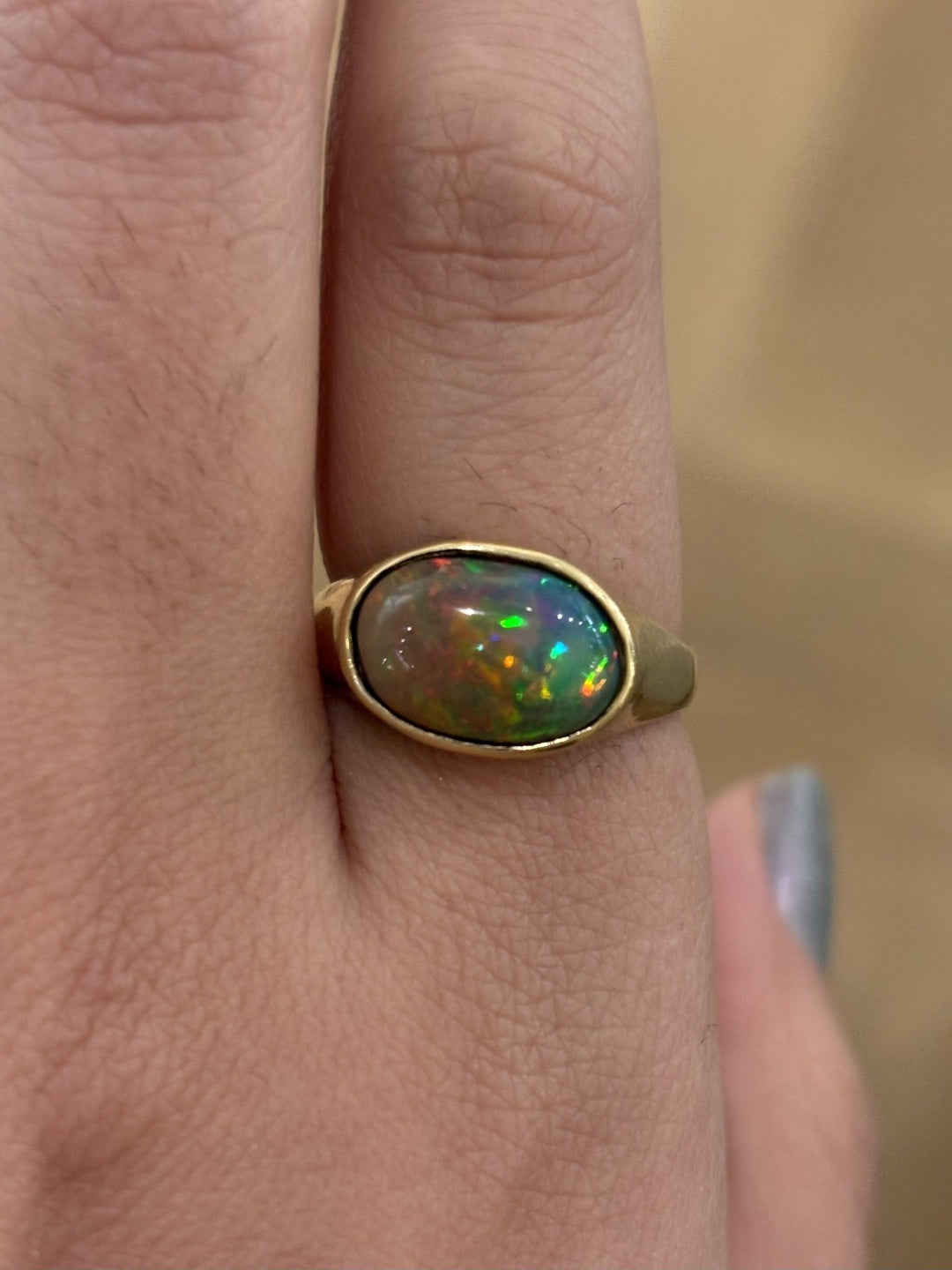 14k / 18k Yellow Gold East To West Set Oval Black Welo Opal Cabochon Ring - Kingdom Jewelry