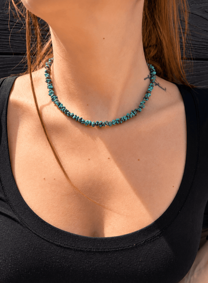 14k American Spiderweb Turquoise Nugget Beaded Necklace 17" - Kingdom Jewelry