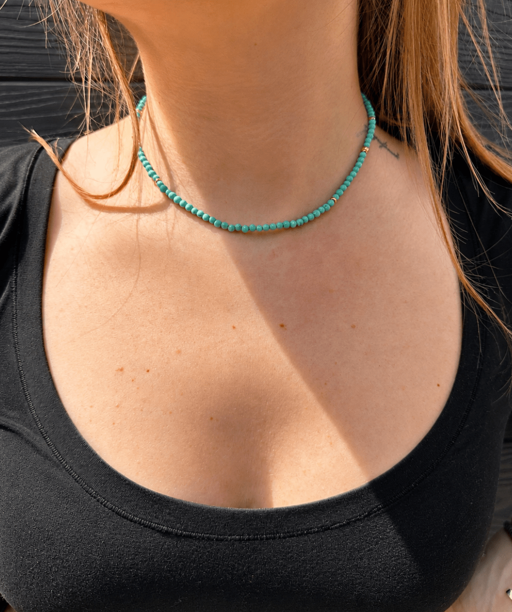 14K Antique Persian Turquoise 3mm Round Beaded Necklace 17.75" - Kingdom Jewelry