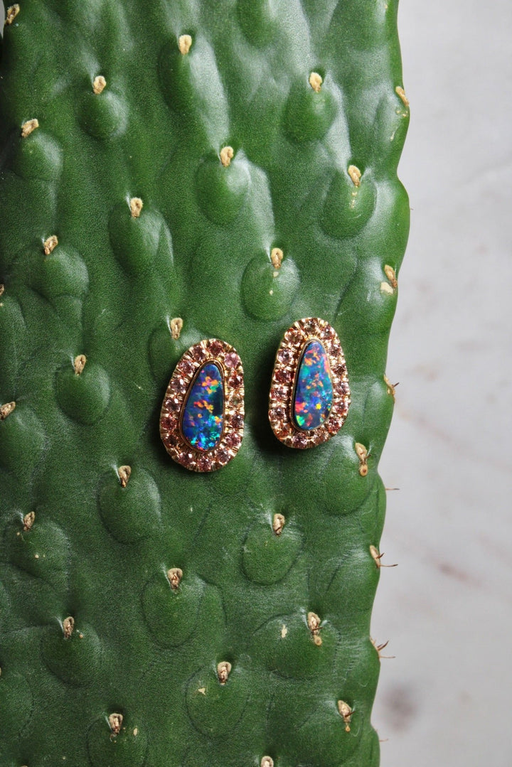 14K Australian Blue Opal x Peach Sapphire Earrings - Kingdom Jewelry