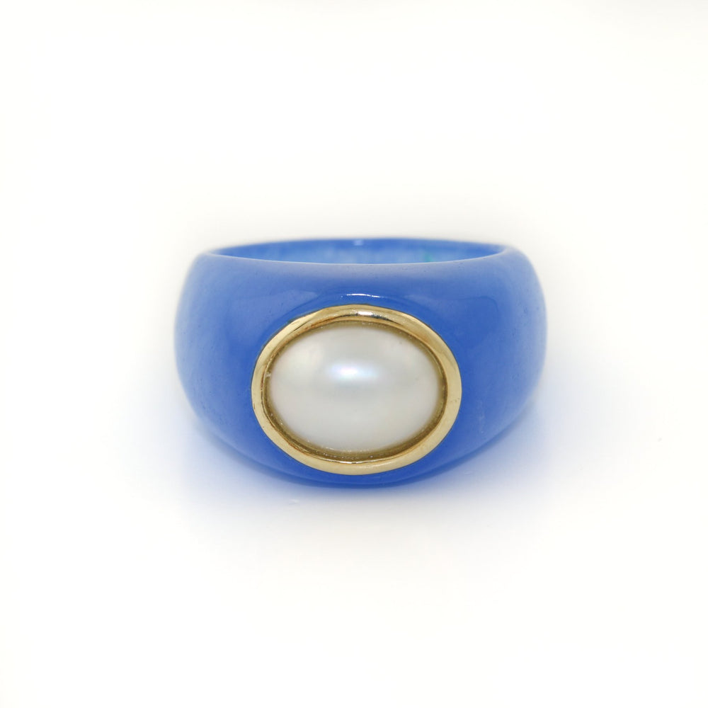 14k Bezel x Carved Blue Jade & Pearl Sing - Kingdom Jewelry