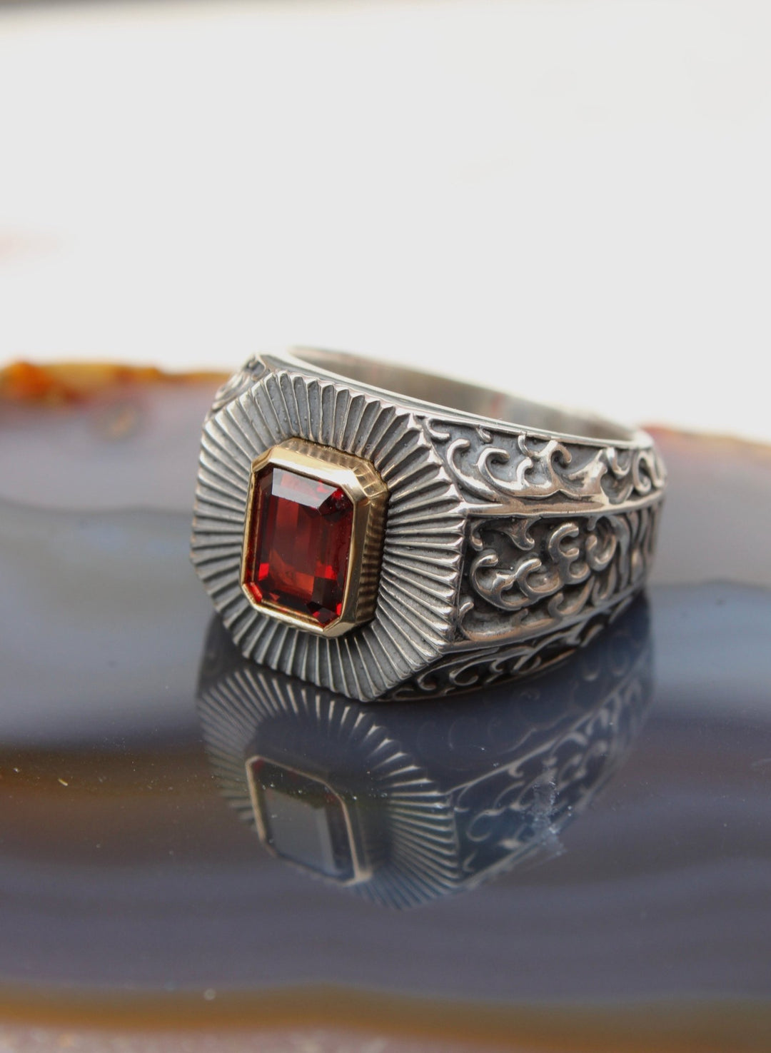 14K Deco Red Garnet Silver Signet Ring - Kingdom Jewelry