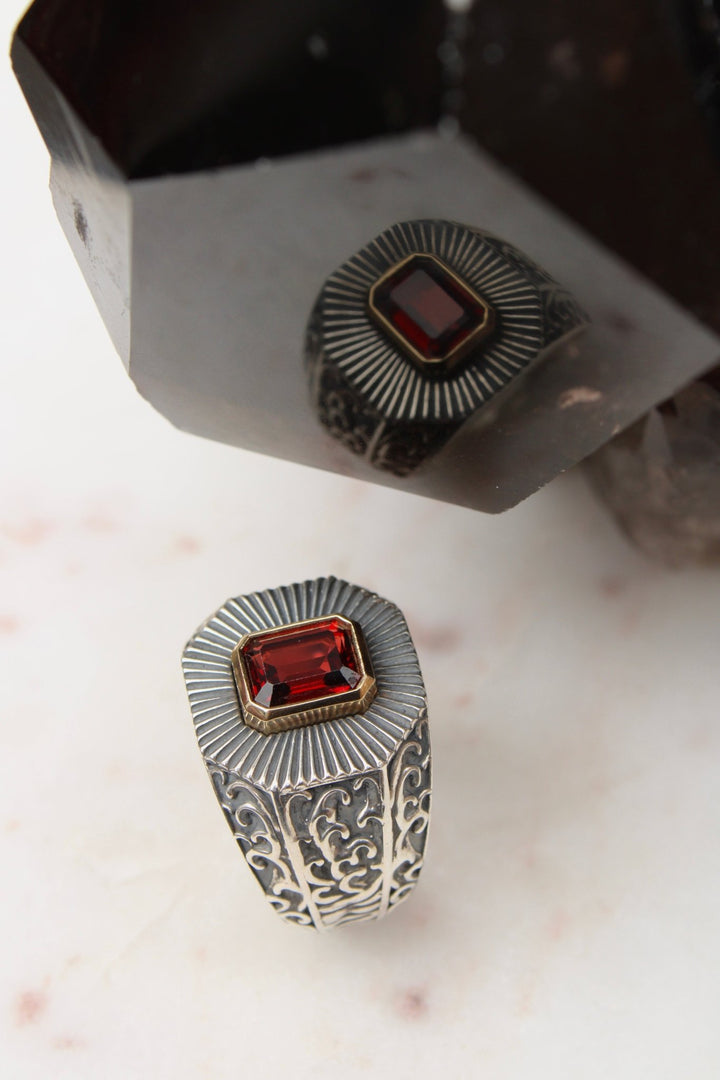 14K Deco Red Garnet Silver Signet Ring - Kingdom Jewelry