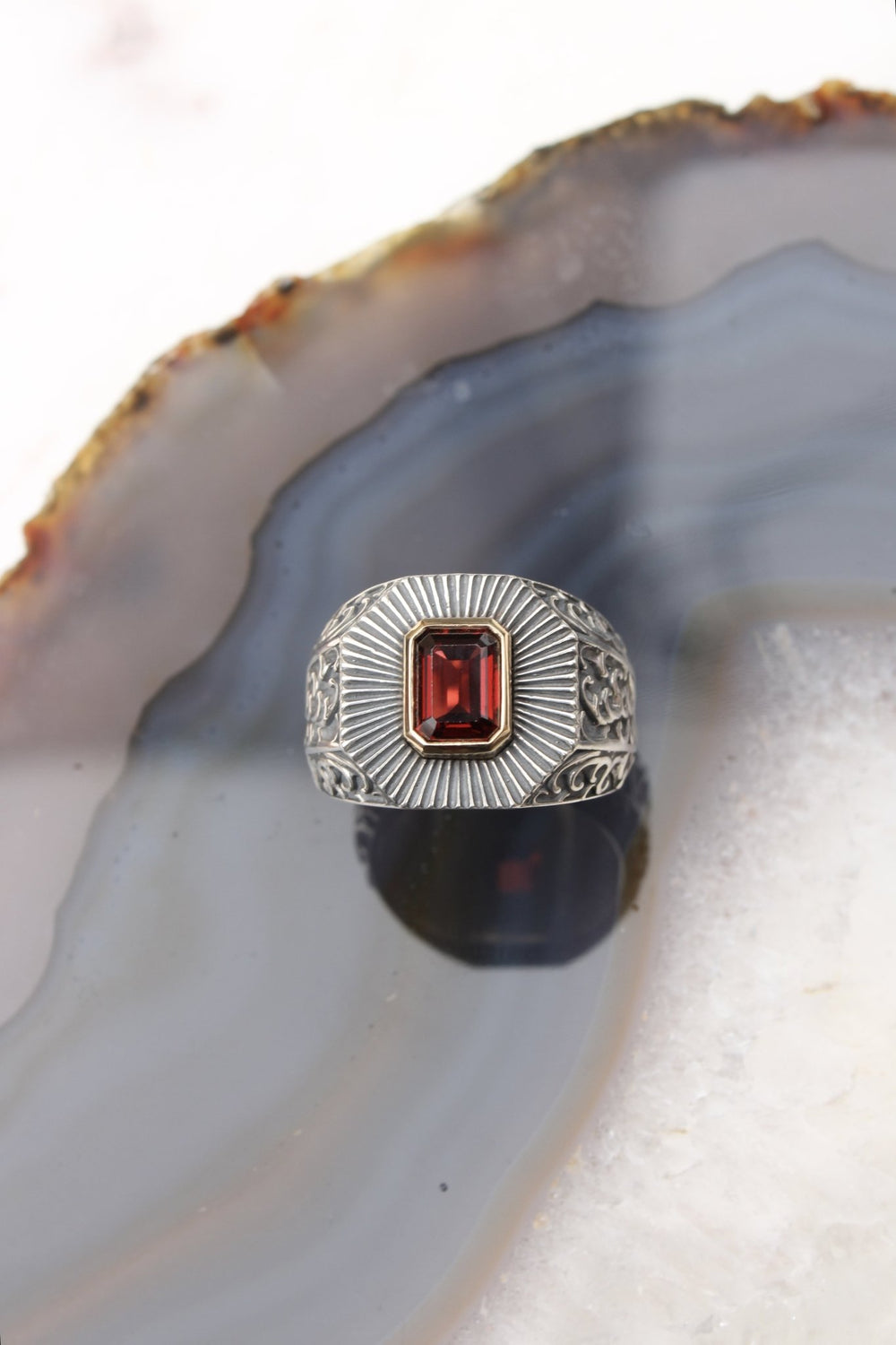 14K Deco Red Garnet Silver Signet Ring - Kingdom Jewelry