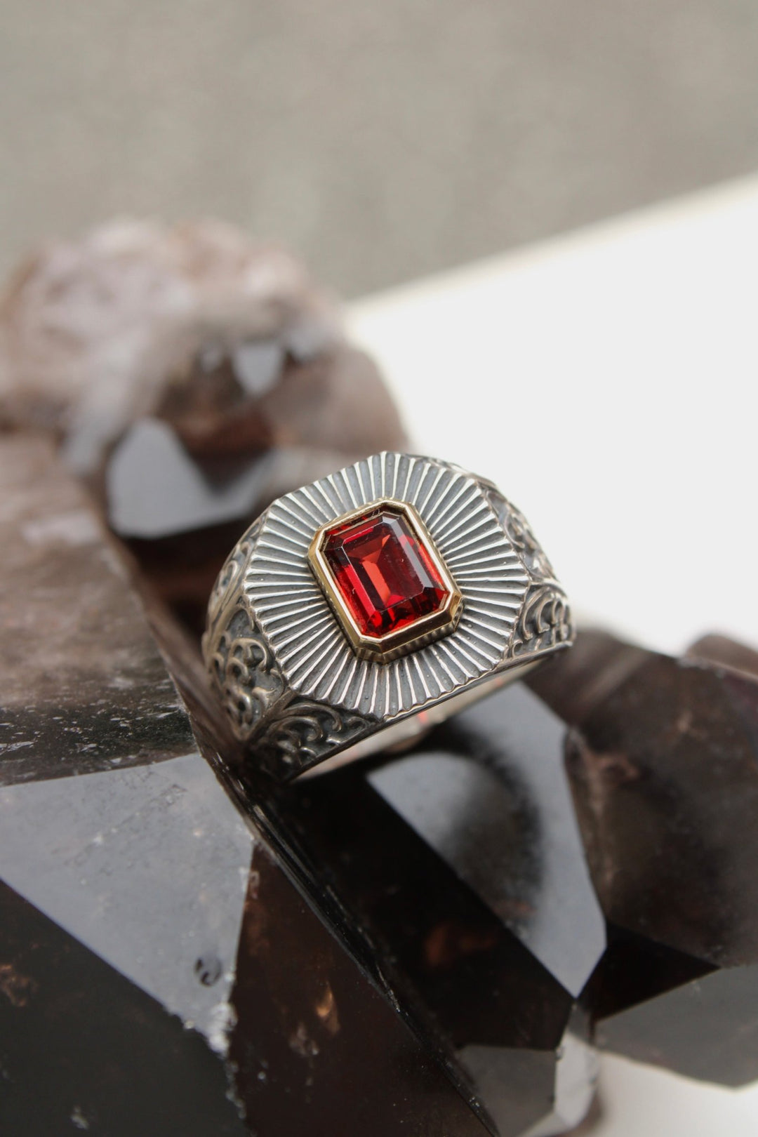 14K Deco Red Garnet Silver Signet Ring - Kingdom Jewelry