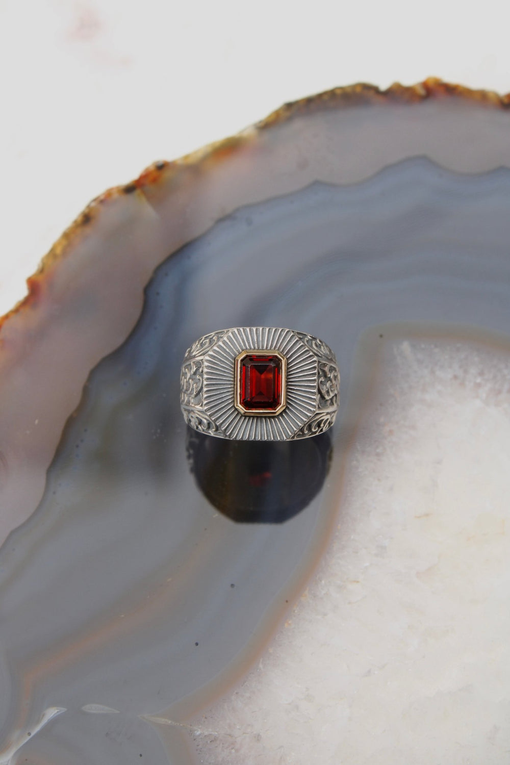 14K Deco Red Garnet Silver Signet Ring - Kingdom Jewelry