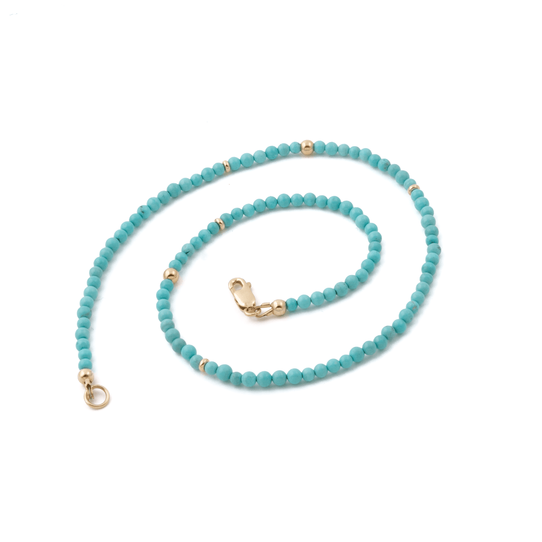 14k Gold Clasp x 3mm Persian Turquoise & Yellow Gold Beaded Necklace - Kingdom Jewelry