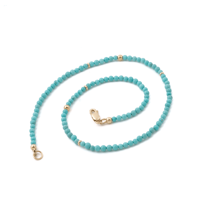 14k Gold Clasp x 3mm Persian Turquoise & Yellow Gold Beaded Necklace - Kingdom Jewelry