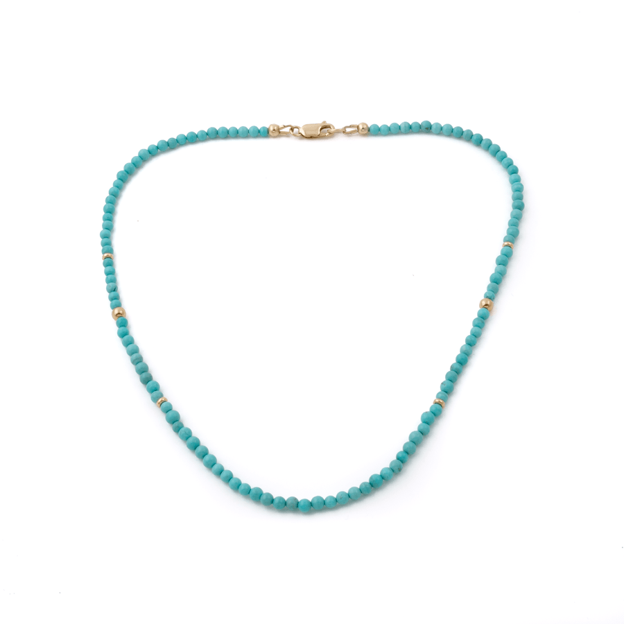 14k Gold Clasp x 3mm Persian Turquoise & Yellow Gold Beaded Necklace - Kingdom Jewelry
