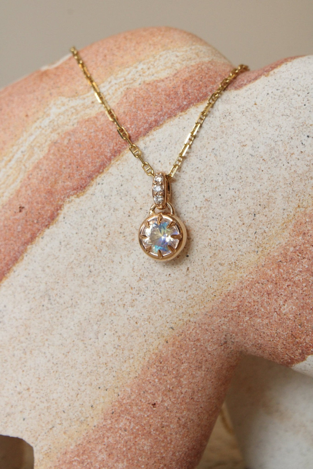 14K Gold Fine Cut Moonstone Pendant + Natural Diamonds - Kingdom Jewelry