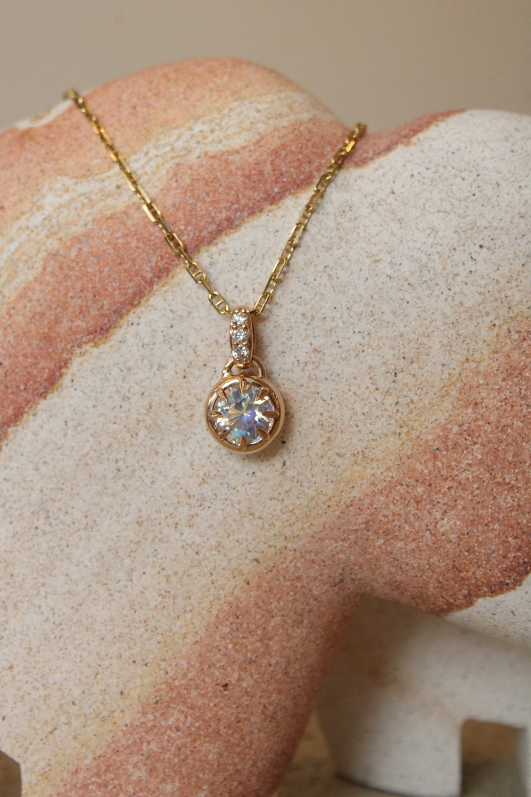 14K Gold Fine Cut Moonstone Pendant + Natural Diamonds - Kingdom Jewelry