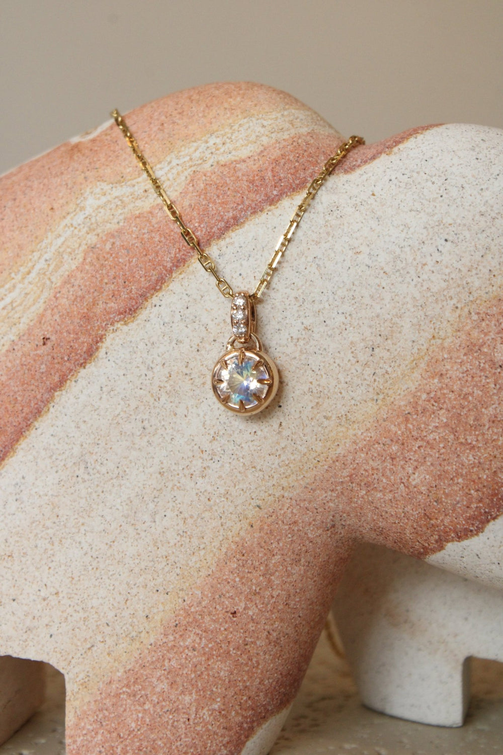 14K Gold Fine Cut Moonstone Pendant + Natural Diamonds - Kingdom Jewelry