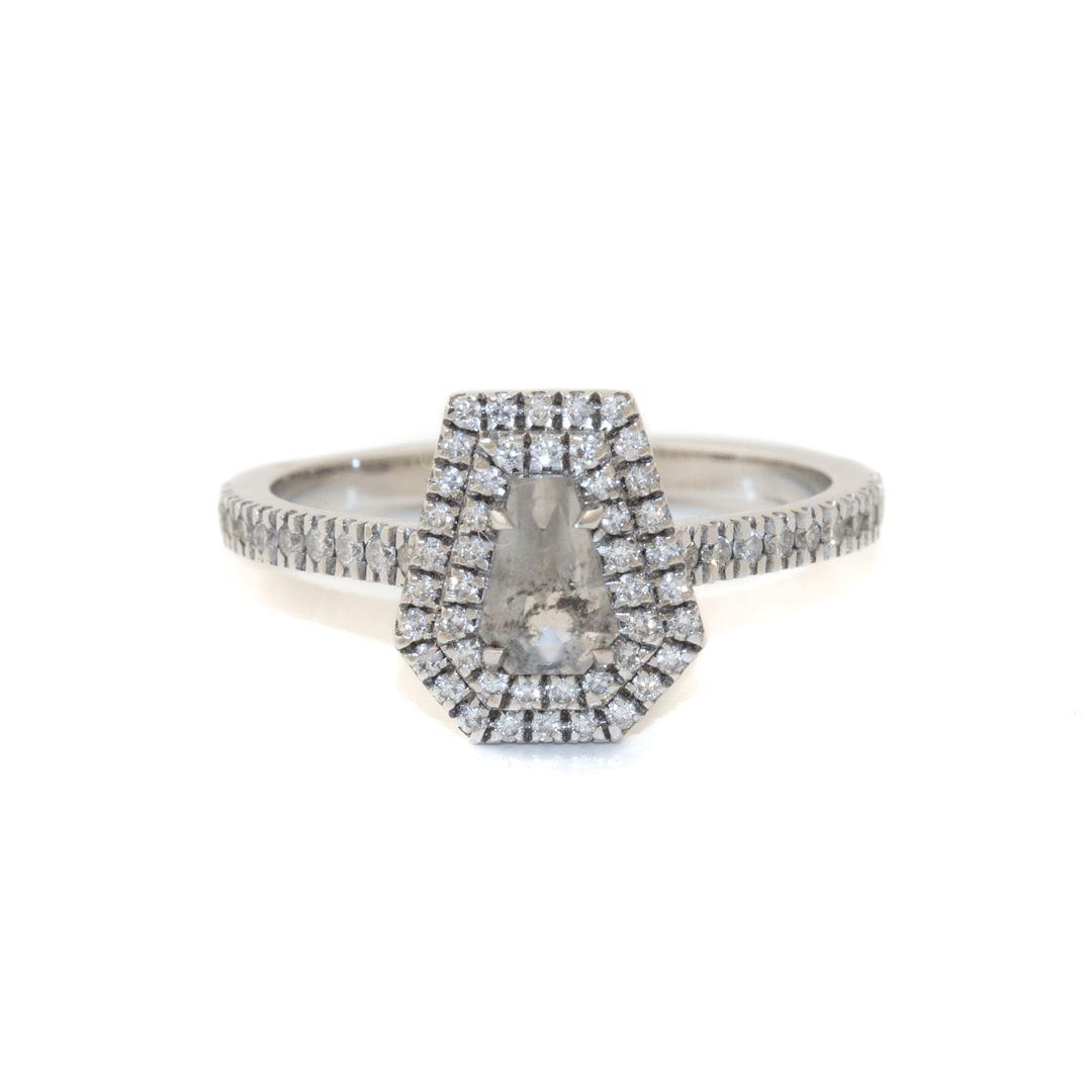 14k Gold x 0.94ct Coffin - Cut + Pavé Halo Salt & Pepper Diamond Ring - Kingdom Jewelry