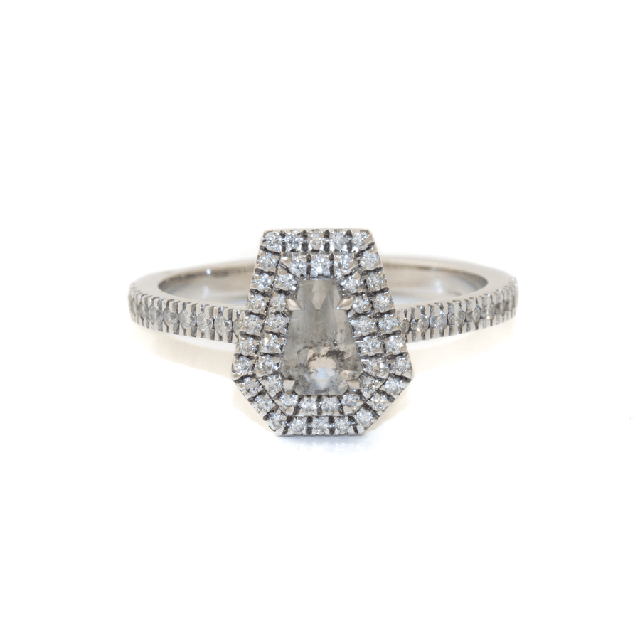 14k Gold x 0.94ct Coffin - Cut + Pavé Halo Salt & Pepper Diamond Ring - Kingdom Jewelry