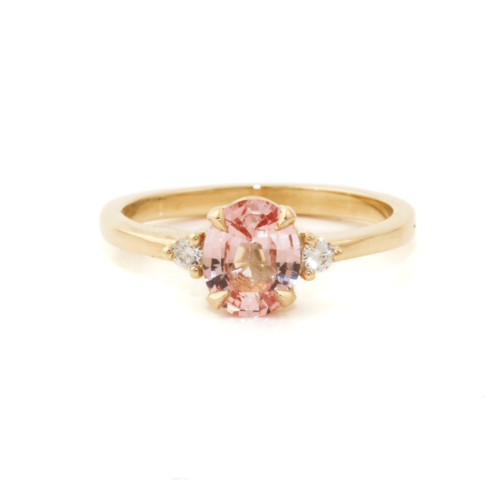 14k Gold x 1.05ct Oval Peach Sapphire & Lab Round Diamond Engagement Ring - Kingdom Jewelry