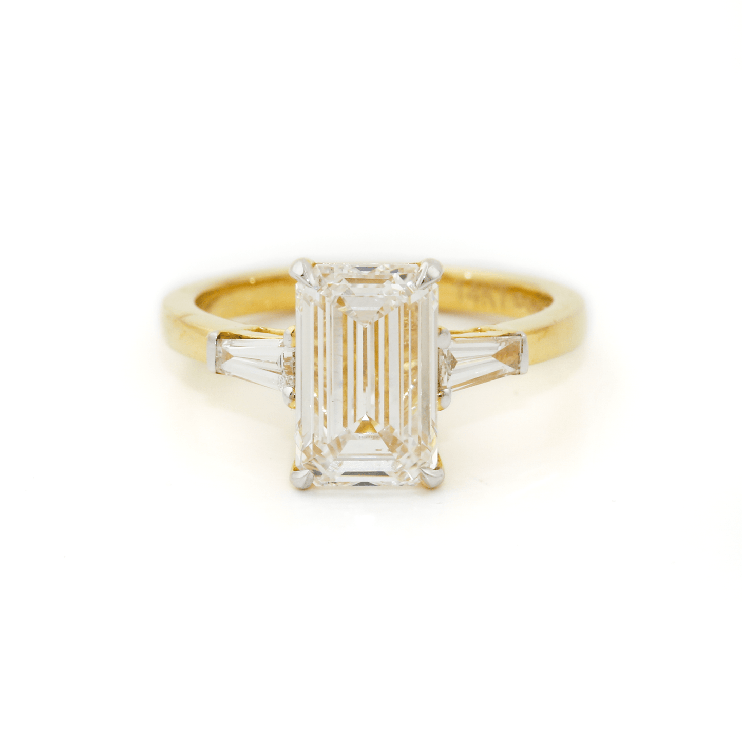 14k Gold x 10mm 3.02ct Emerald - Cut Lab Diamond Trilogy Engagement Band - Kingdom Jewelry