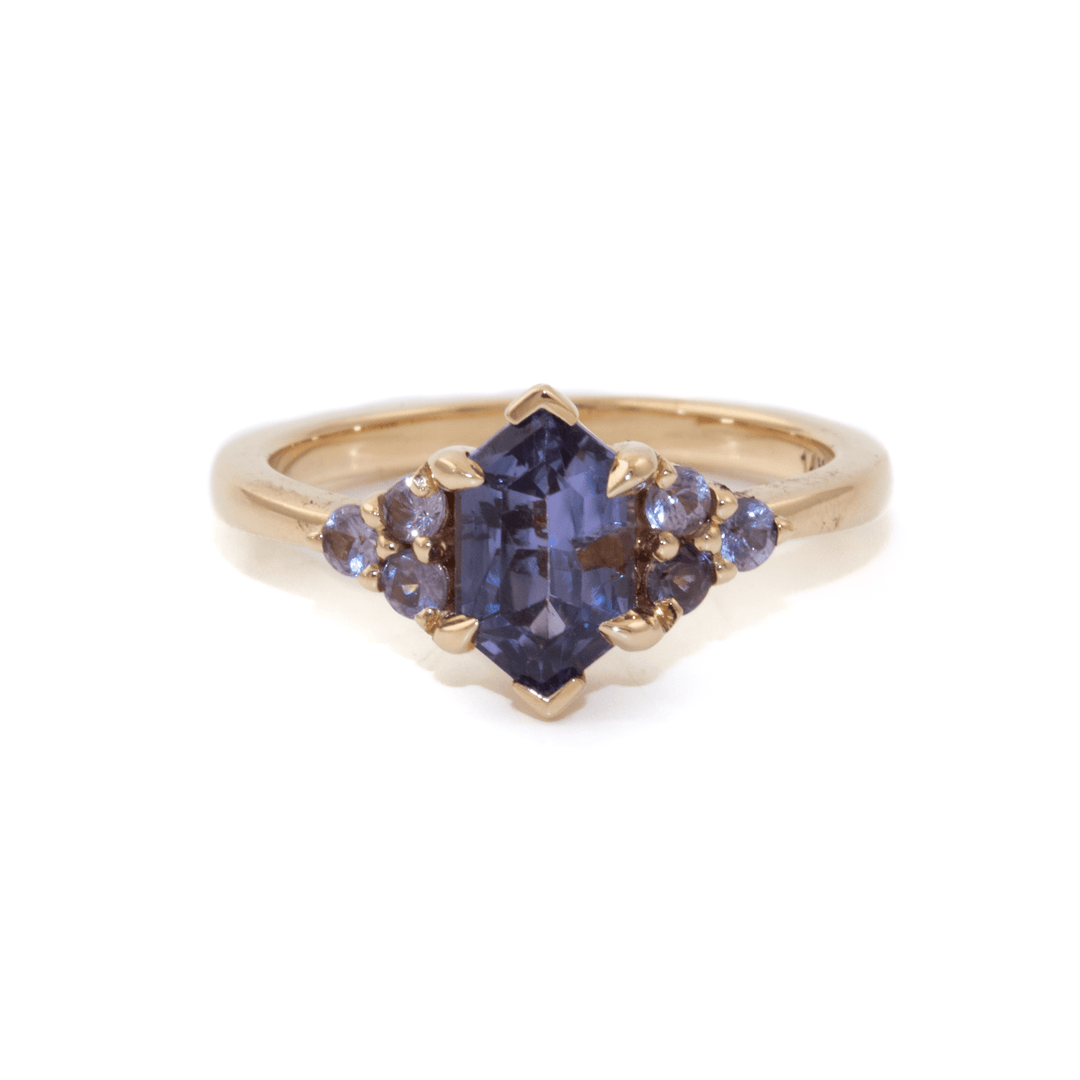 14k Gold x 1.37ct Elongated Hex - Cut & .23ctw RBC Purple & Lilac Sapphire Engagement - Kingdom Jewelry