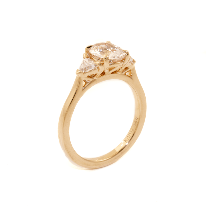 14k Gold x 1.72ct Unheated Peach Sapphire & .46 Trillion Lab Diamond Trilogy Ring - Kingdom Jewelry