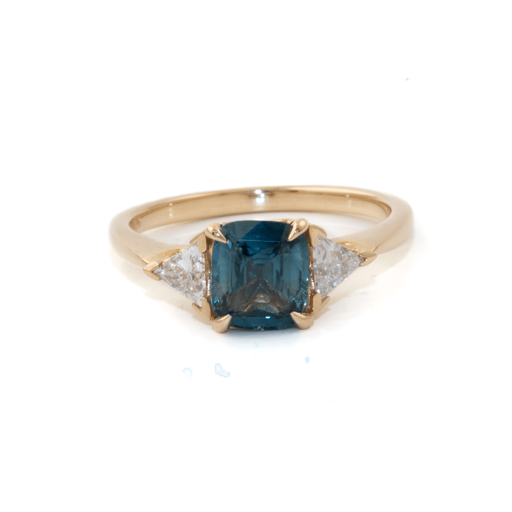 14k Gold x 2.06ct Cushion - Cut Sapphire & .23ctw Lab Diamond Antique Trilogy - Kingdom Jewelry