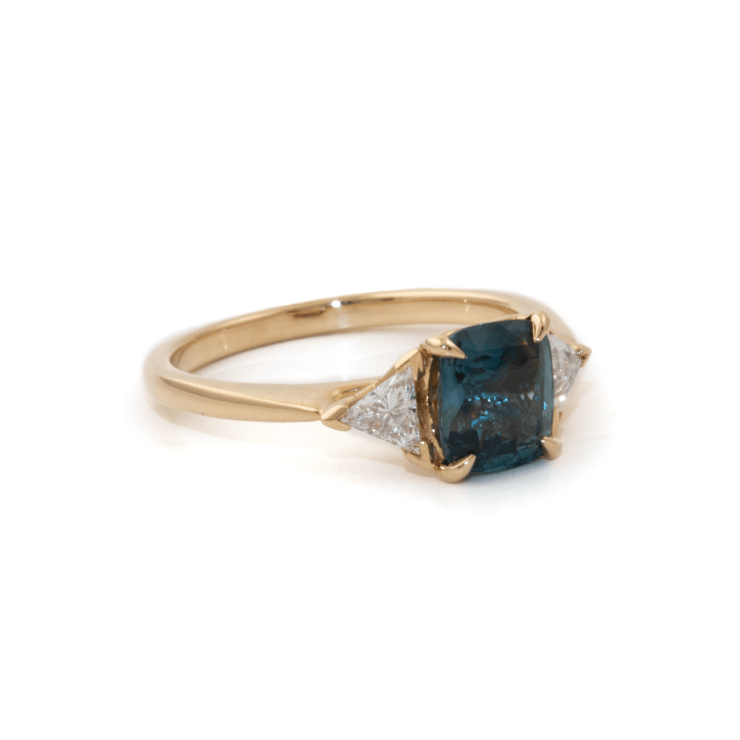 14k Gold x 2.06ct Cushion - Cut Sapphire & .23ctw Lab Diamond Antique Trilogy - Kingdom Jewelry