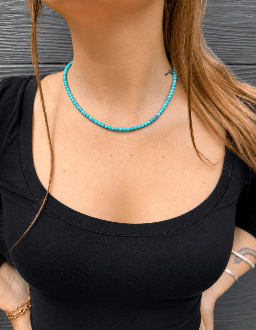 14k Gold x 3.5mm Deep Blue Sleeping Beauty Round Beaded Necklace - Kingdom Jewelry