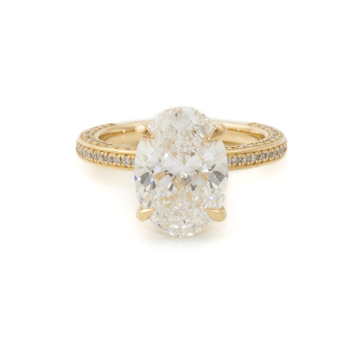 14k Gold x 4.04ct VVS2 E Oval Lab Diamond + Triple Pavé & Hidden Halo Solitaire Engagement Set - Kingdom Jewelry