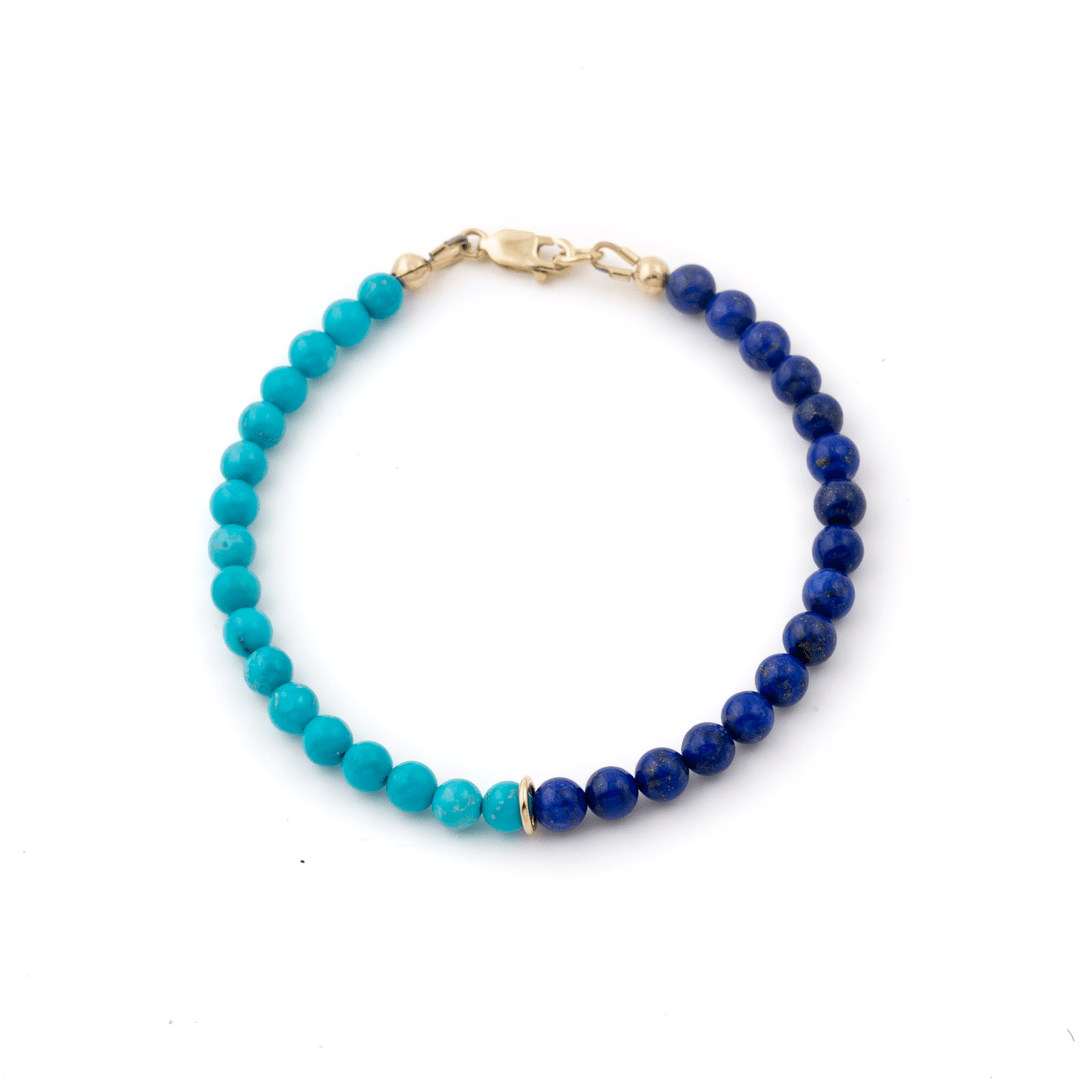 14k Gold x 5mm Sleeping Beauty Turquoise & Lapis Lazuli Gem 1/2 Bracelet - Kingdom Jewelry