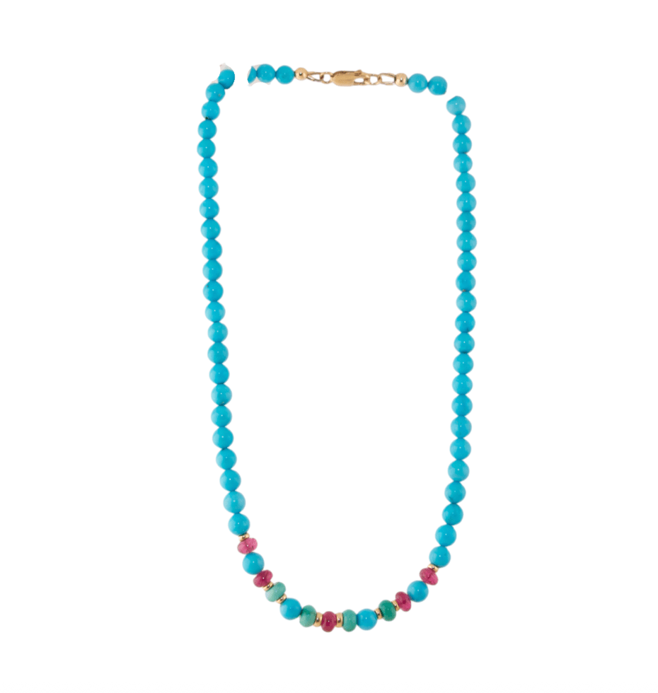 14k Gold x 6mm Sleeping Beauty Turquoise & Rubellite Tourmaline Gem Strand Beaded Necklace - Kingdom Jewelry
