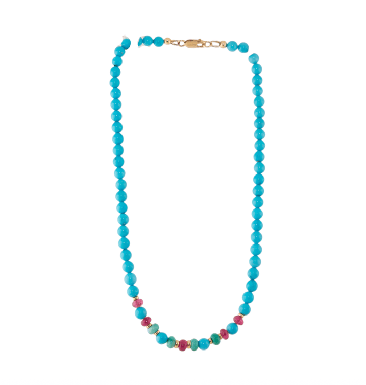 14k Gold x 6mm Sleeping Beauty Turquoise & Rubellite Tourmaline Gem Strand Beaded Necklace - Kingdom Jewelry