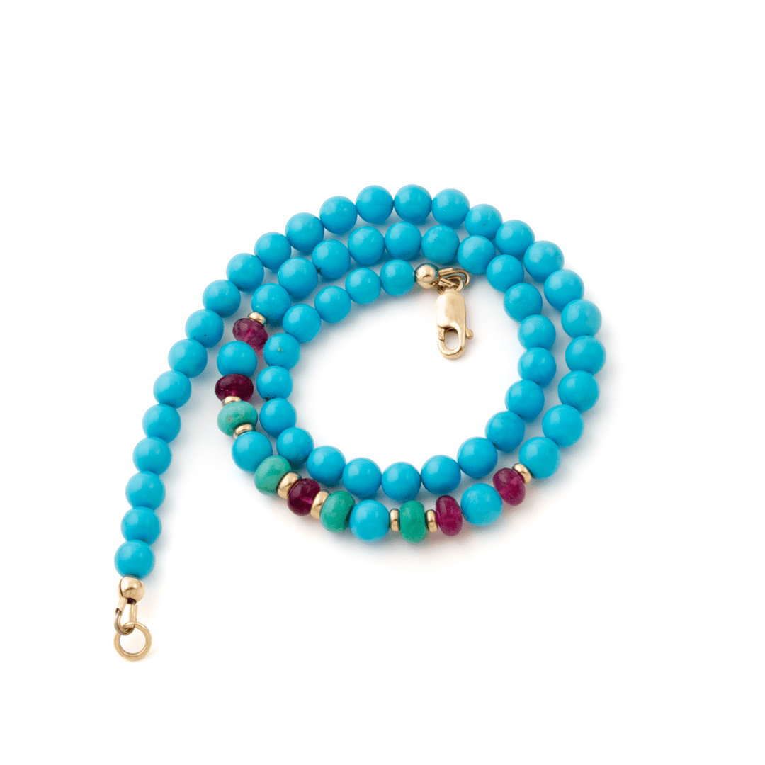 14k Gold x 6mm Sleeping Beauty Turquoise & Rubellite Tourmaline Gem Strand Beaded Necklace - Kingdom Jewelry