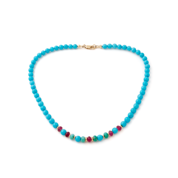 14k Gold x 6mm Sleeping Beauty Turquoise & Rubellite Tourmaline Gem Strand Beaded Necklace - Kingdom Jewelry