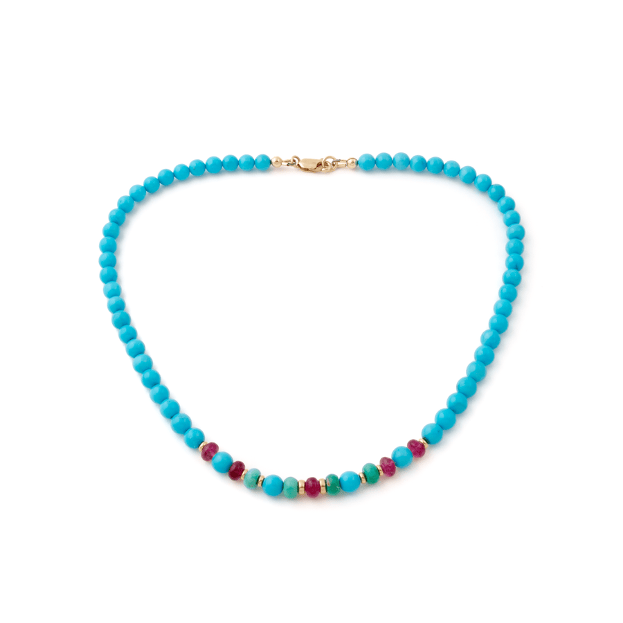 14k Gold x 6mm Sleeping Beauty Turquoise & Rubellite Tourmaline Gem Strand Beaded Necklace - Kingdom Jewelry