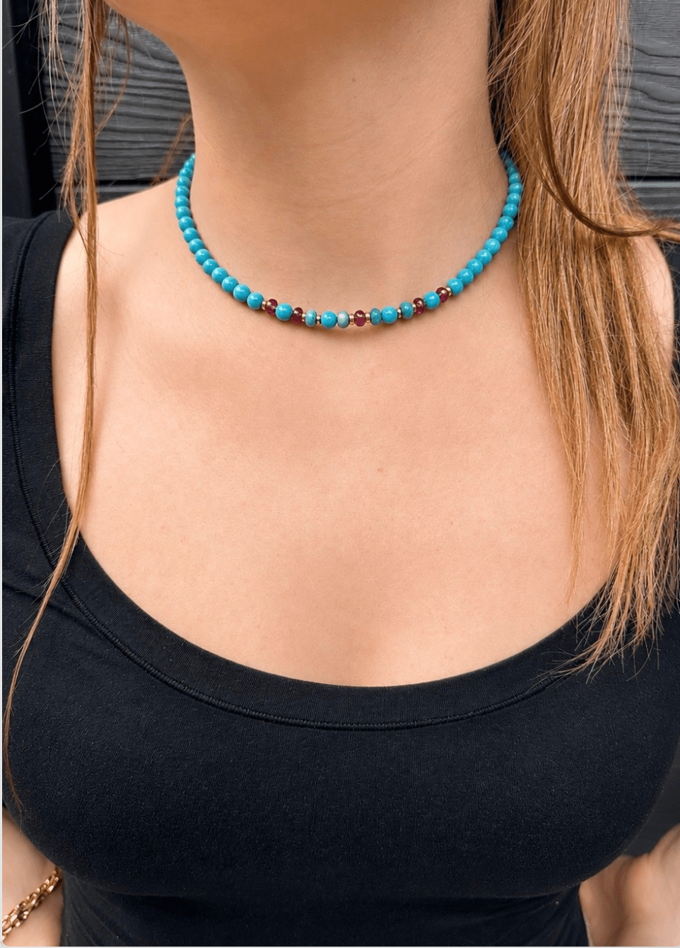 14k Gold x 6mm Sleeping Beauty Turquoise & Rubellite Tourmaline Gem Strand Beaded Necklace - Kingdom Jewelry