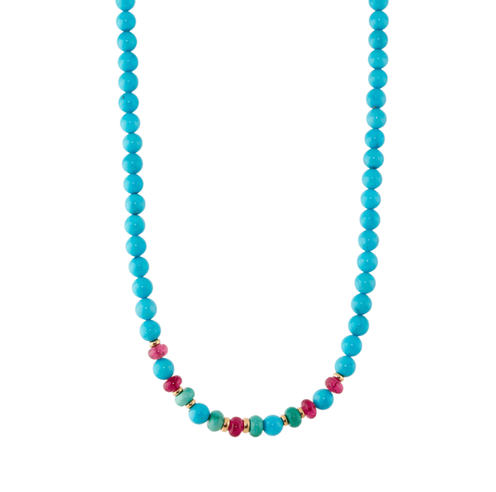 14k Gold x 6mm Sleeping Beauty Turquoise & Rubellite Tourmaline Gem Strand Beaded Necklace - Kingdom Jewelry