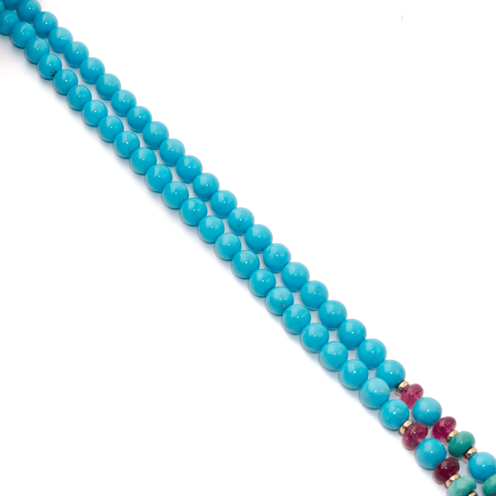 14k Gold x 6mm Sleeping Beauty Turquoise & Rubellite Tourmaline Gem Strand Beaded Necklace - Kingdom Jewelry