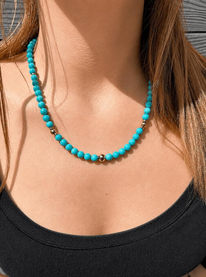 14k Gold x 7mm Calibrated Sleeping Beauty Turquoise Round Necklace - Kingdom Jewelry