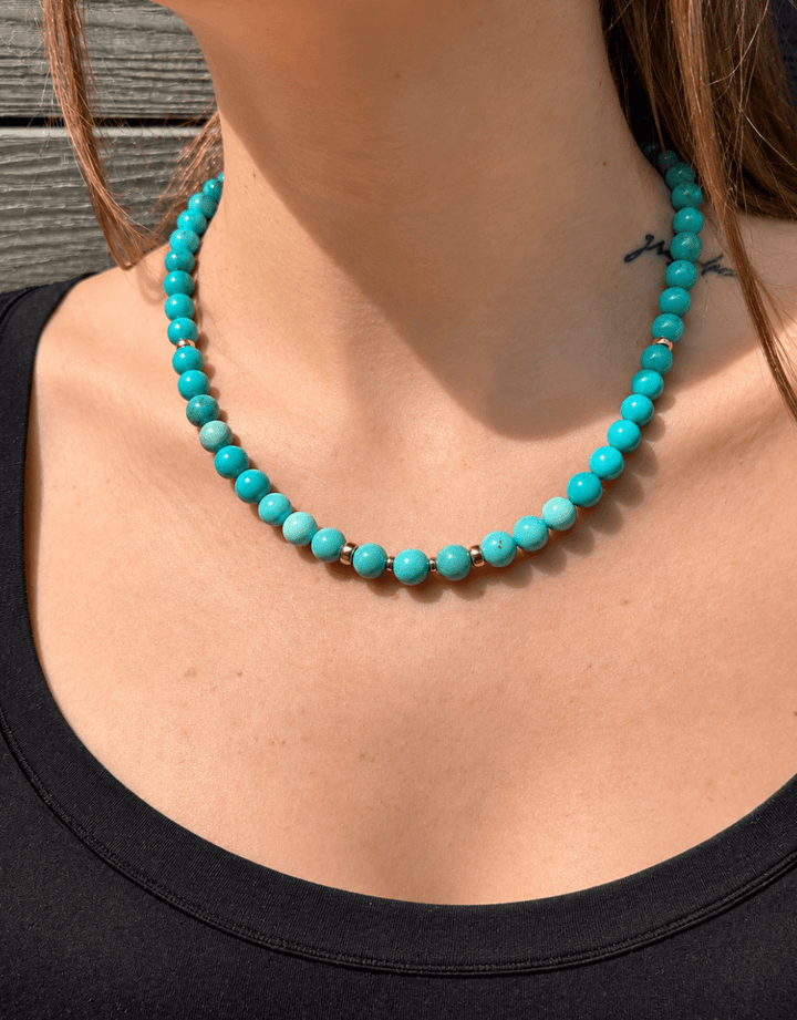 14k Gold x 9mm Blue & Green Sleeping Beauty Turquoise Necklace - Kingdom Jewelry
